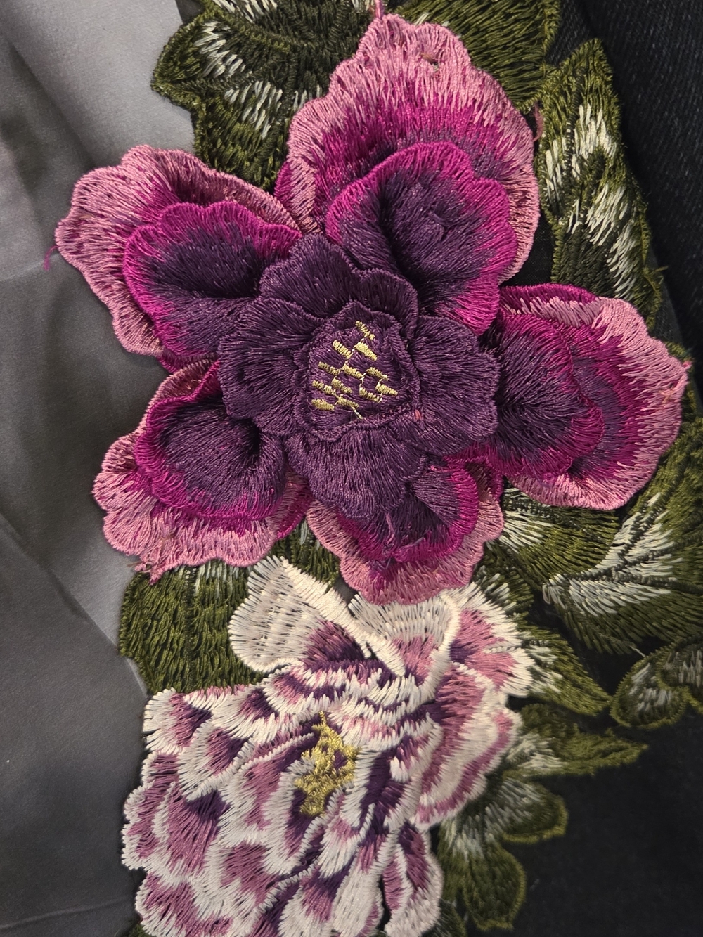 Universal Thread Black Denim Jacket with Pink Floral Embroidery - Picture 3 of 6